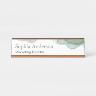 Elegant Green Gold Glitter Watercolor Desk Name Plate