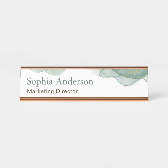 Elegant Green Gold Glitter Watercolor  Desk Name Plate (Front)