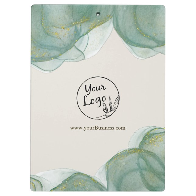 Elegant Green Gold Glitter Watercolor + Logo  Clip Clipboard (Back)