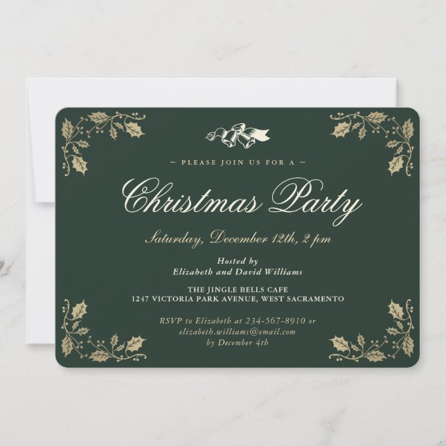 Elegant Green Gold Holly Christmas Holiday Party Invitation (Front)