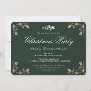 Elegant Green Gold Holly Christmas Holiday Party Invitation