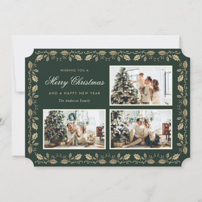Elegant Green Gold Holly Family 3 Photo Holiday Card (Front)