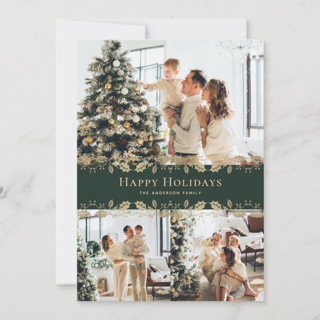 Elegant Green Gold Holly Photo Happy Holidays Holiday Card (Front)