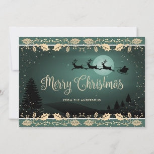 Elegant Green Gold Holly Santa Merry Christmas Holiday Card