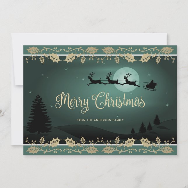 Elegant Green Gold Holly Santa Merry Christmas Holiday Card (Front)