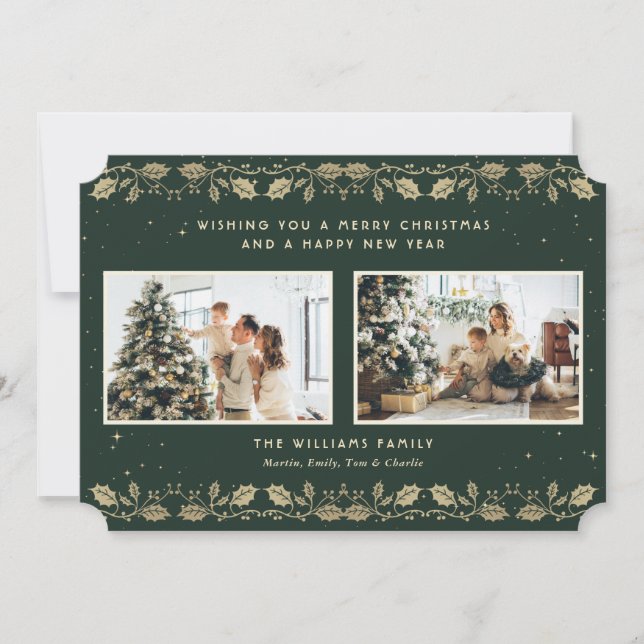 Elegant Green Gold Holly Stars Photo Holiday Card (Front)