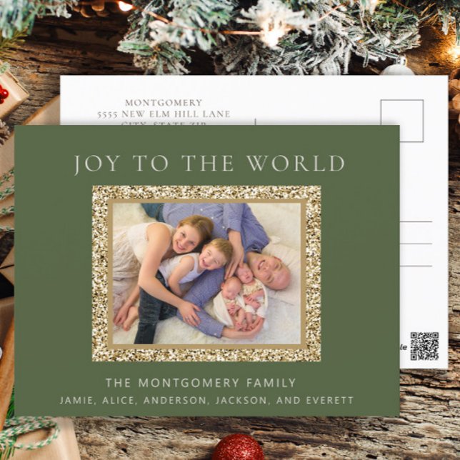 Elegant Green Gold Joy Christmas Holiday Photo (Green and gold Christmas photo greeting postcard.)