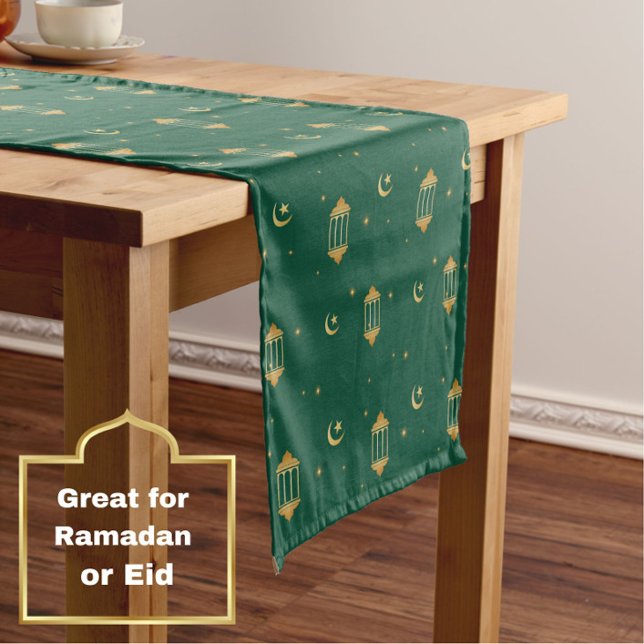 Elegant Green Gold Lanterns Moon Islamic Eid Short Table Runner (An elegant, modern emerald green + gold table runner, with lanterns, stars and moon motif.)