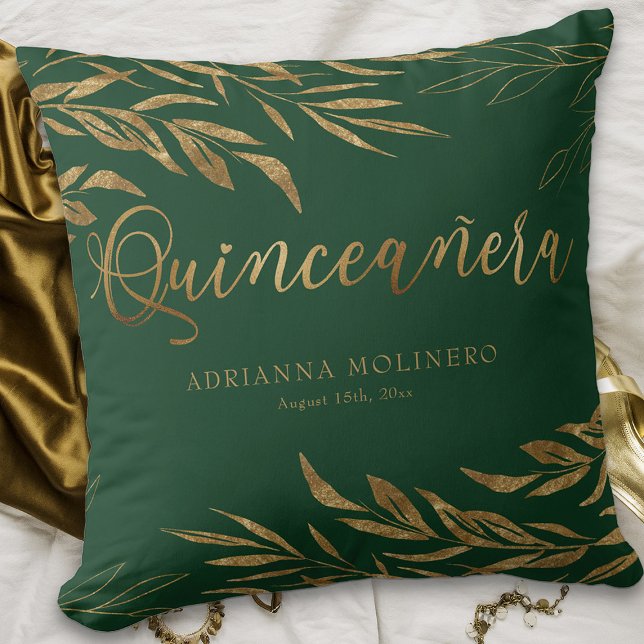Elegant Green Gold Leaf Personalised Quinceanera Cushion (Personalized Emerald Green Quinceanera keepsake pillow from my Gold Leaf Quincea)