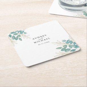 Elegant Green Gold Leaf Personalised Wedding Square Paper Coaster