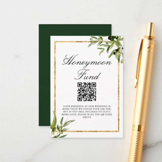 Elegant Green Gold Leaf Wedding Honeymoon Fund Enclosure Card (Front/Back In Situ)