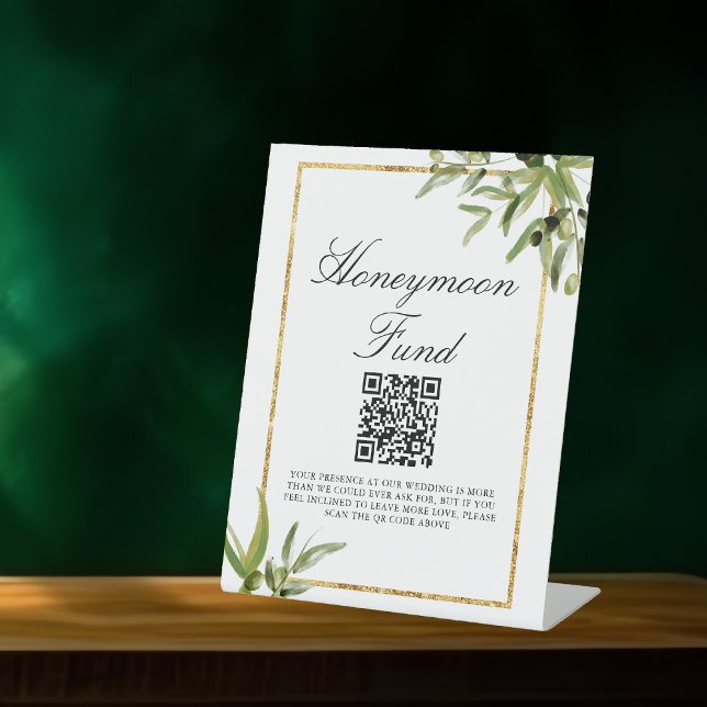 Elegant Green Gold Leaf Wedding Honeymoon Fund Pedestal Sign (Creator Uploaded)