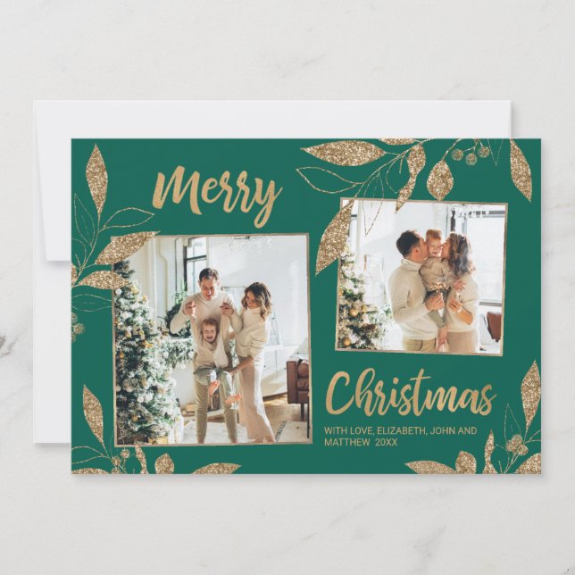 Elegant Green Gold Leaves 2 Photo Christmas Card (Front)