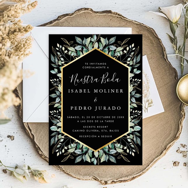 Elegant Green Gold Leaves Nuestra Boda Wedding Invitation (Creator Uploaded)