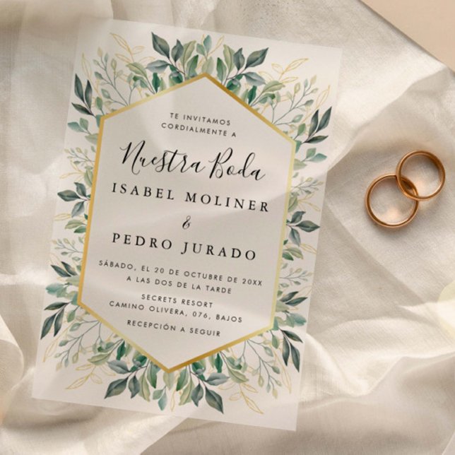 Elegant Green Gold Leaves Nuestra Boda Wedding Vellum Invitations (Creator Uploaded)