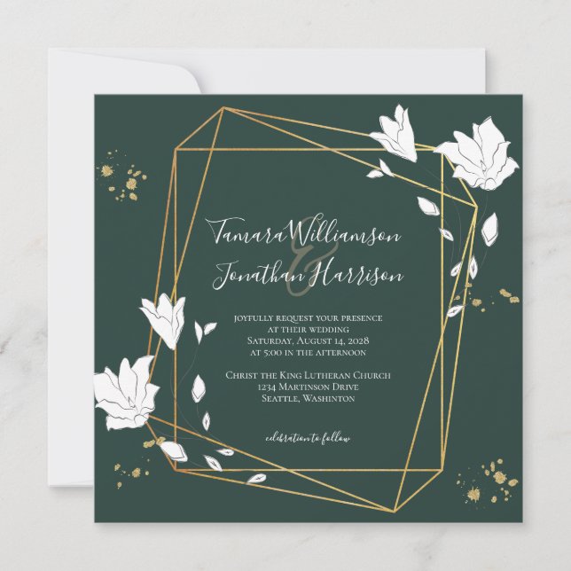 Elegant Green Gold Line Art Floral Geometric Invitation (Front)