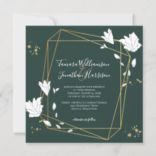 Elegant Green Gold Line Art Floral Geometric Invitation