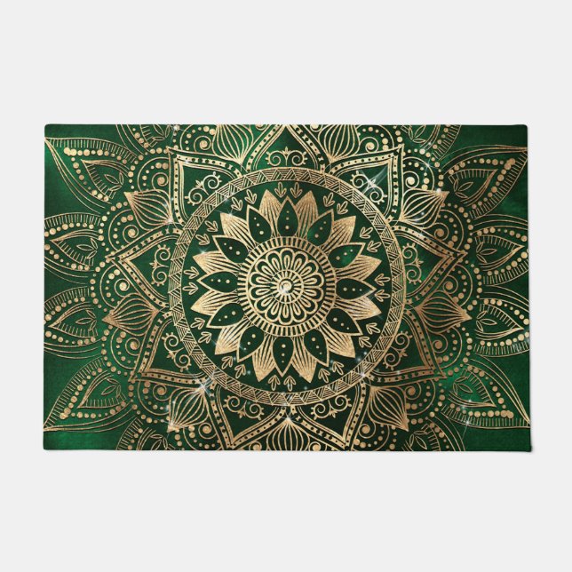 Elegant Green Gold Mandala Doormat (Front)