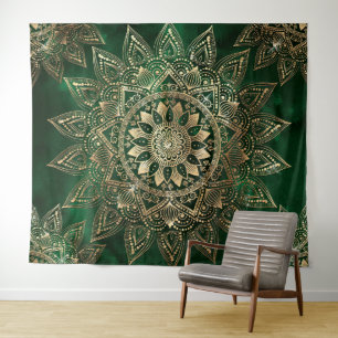 Elegant Green Gold Mandala Tapestry