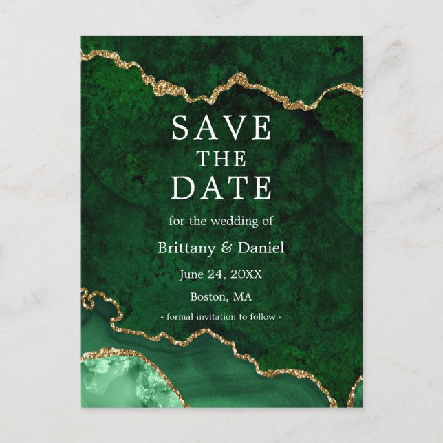 Elegant Green Gold Marble Geode Save The Date Announcement Postcard (Front)
