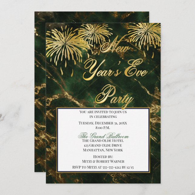 Elegant Green | Gold Marble New Years Eve Party Invitation (Front/Back)