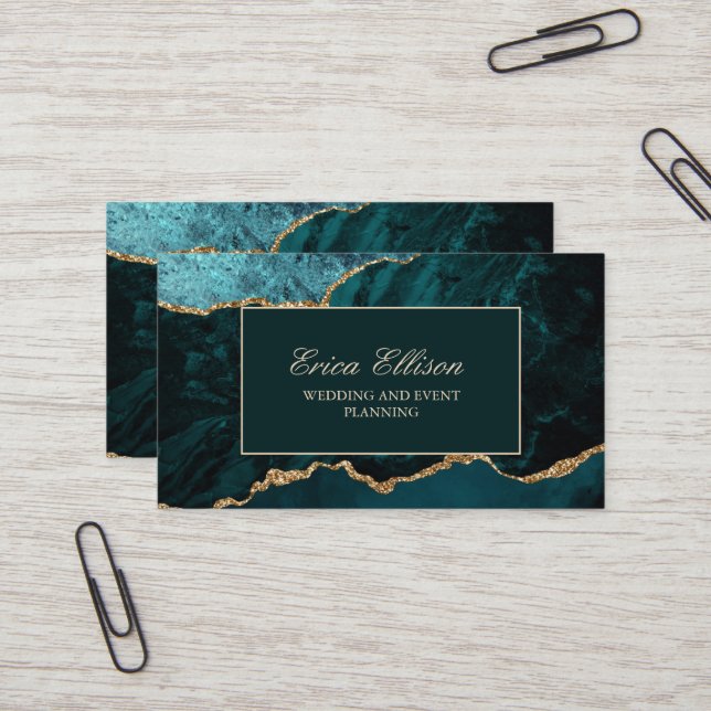 Elegant Green Gold Marble Wedding Planner Business Card (Front/Back In Situ)
