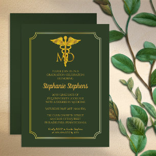 Elegant Green   Gold MD Physician Graduation Party Invitation