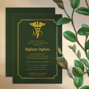 Elegant Green Gold MD Physician Graduation Party Invitation