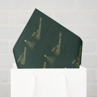 Elegant Green Gold Merry Christmas Family Name Tissue Paper