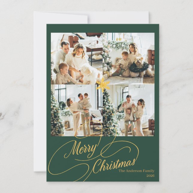 Elegant Green & Gold Merry Christmas Photo -  Holiday Card (Front)