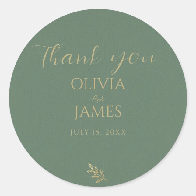 Elegant Green & Gold Minimalist Thank You Wedding Classic Round Sticker (Front)