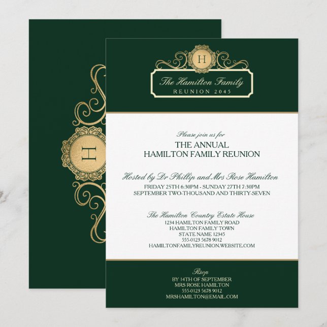 Elegant Green Gold Monogram Family Reunion Invitation (Front/Back)