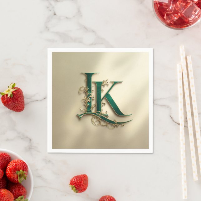 Elegant Green & Gold Monogram “K” Paper Napkins (Insitu)