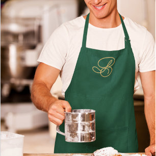 Elegant Green & Gold Monogram Script Name Apron
