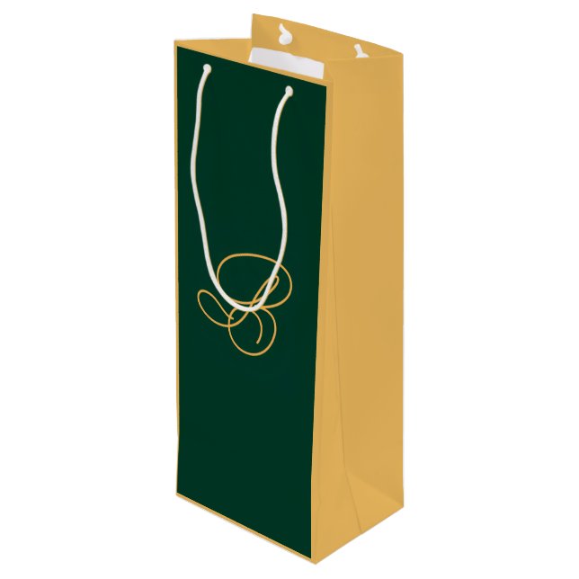 Elegant Green & Gold Monogram Script Name  Wine Gift Bag (Back Angled)