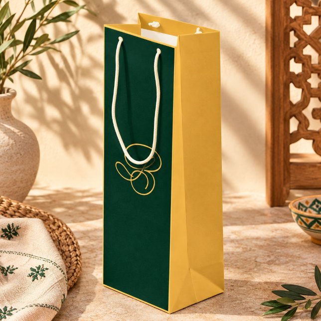 Elegant Green & Gold Monogram Script Name  Wine Gift Bag (Creator Uploaded)
