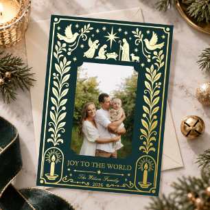 Elegant Green Gold Nativity Joy to the World Foil Holiday Card