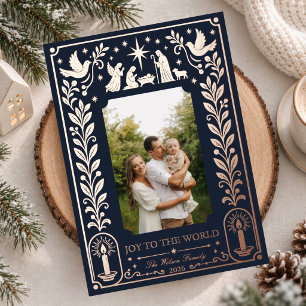Elegant Green Gold Nativity Joy to the World Foil Holiday Card