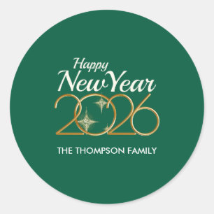Elegant Green & Gold “New Year 2026” Personalized  Classic Round Sticker