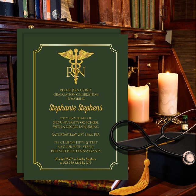 Elegant Green | Gold Nurse RN Graduation Party Invitation (Elegant Green | Gold Tone Nurse "RN" NonPhoto Graduation Announcement | Party Invitation  Print Digi)