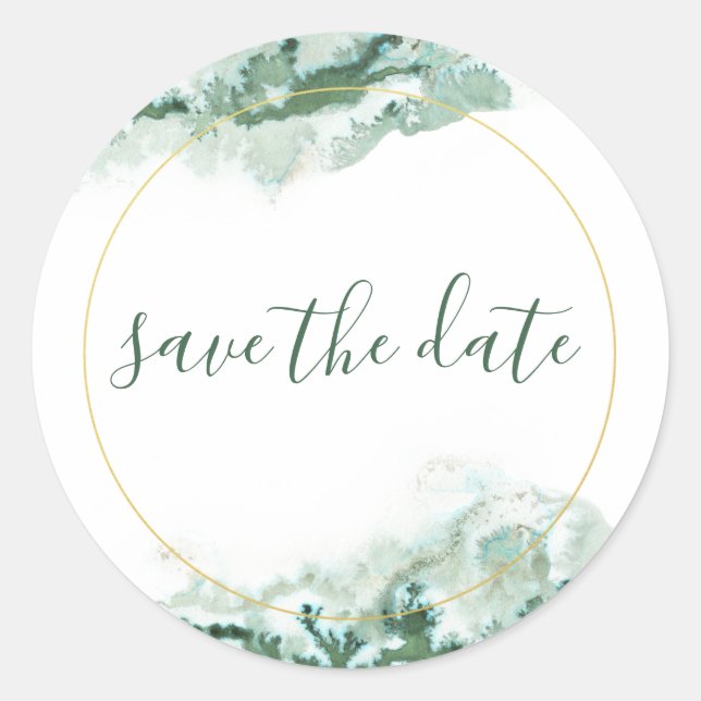 Elegant Green & Gold Ombre Marble Save the Date Classic Round Sticker (Front)