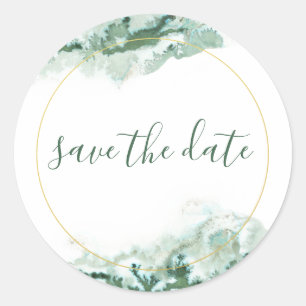 Elegant Green & Gold Ombre Marble Save the Date Classic Round Sticker