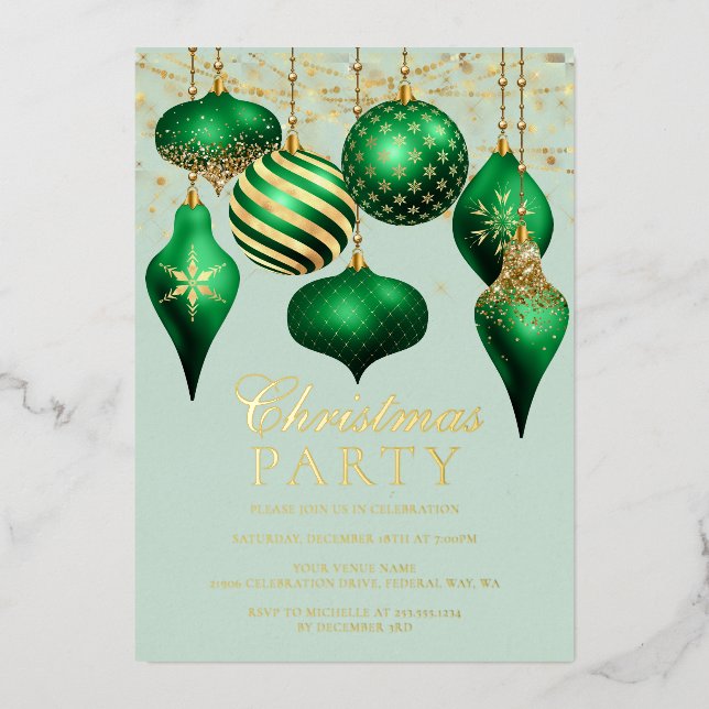 Elegant Green Gold Ornaments Christmas Party (Front)