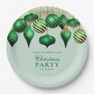 Elegant Green Gold Ornaments Christmas Party Paper Plate