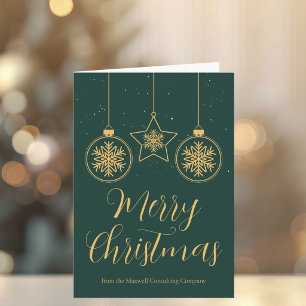 Elegant Green Gold Ornaments Custom Business Holiday Card