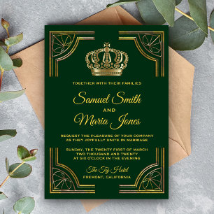 Elegant Green Gold Ornate Crown Wedding Invitation