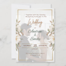 Elegant Green & Gold Overlay Photo Wedding Invitat