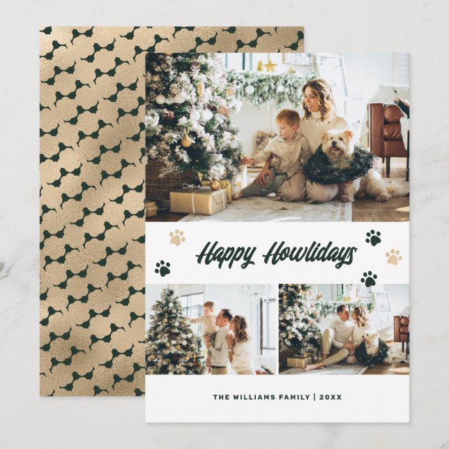 Elegant Green Gold Paws Photo Happy Howlidays Holiday Card (Front/Back)