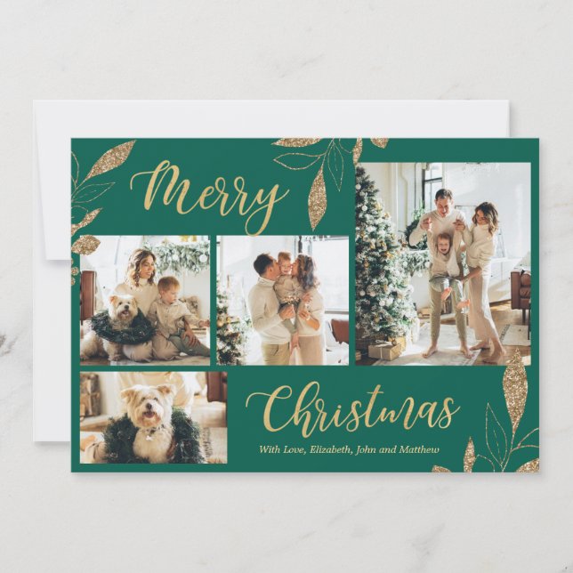 Elegant Green Gold Photo Collage Christmas Card (Front)