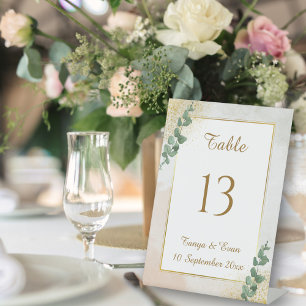 Elegant Green & Gold Photo Wedding Table Number Pedestal Sign